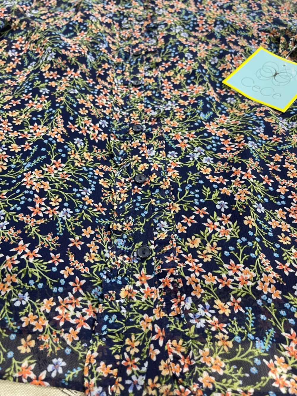 CeCe Navy Floral Button-Front Top with Ruffle Trim - Picture 4 of 10